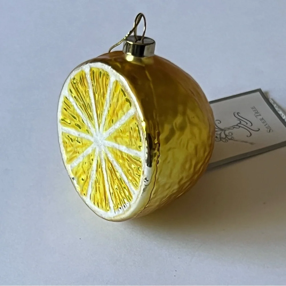 SILVER TREE HALF LEMON GLASS CHRISTMAS ORNAMENT YELLOW 3” NWT